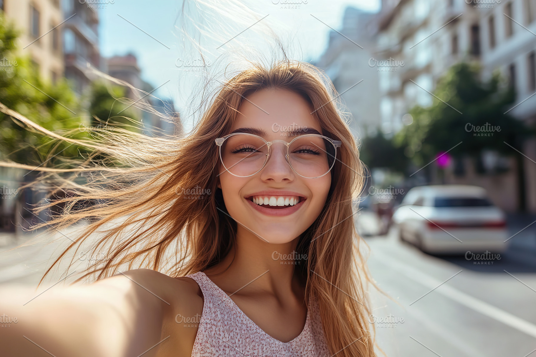 Young woman enjoying a sunny day while taking a selfie with her, a Person Photo by AlyaAnd