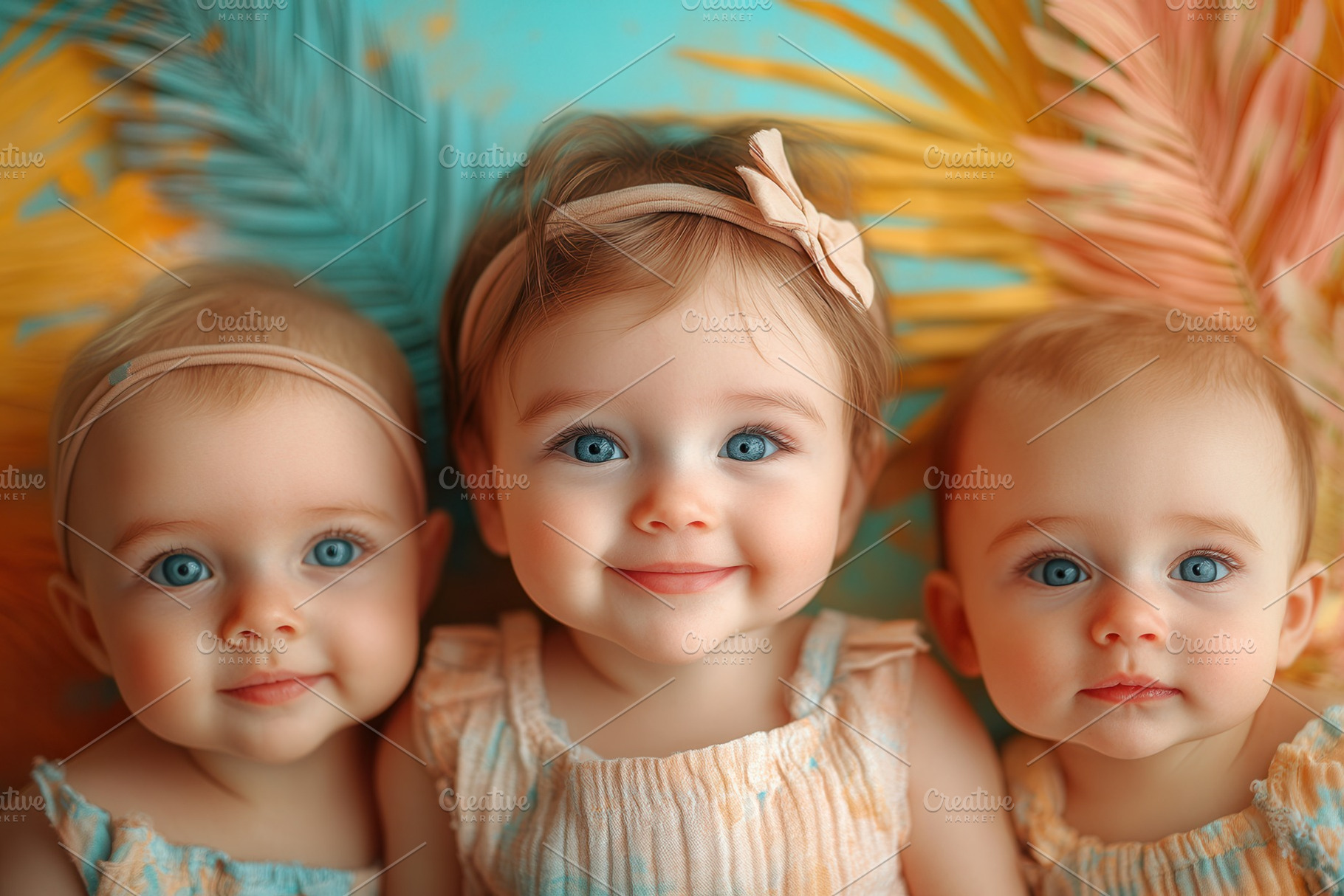 Three adorable babies with bright bl, a Photo by Tanuart