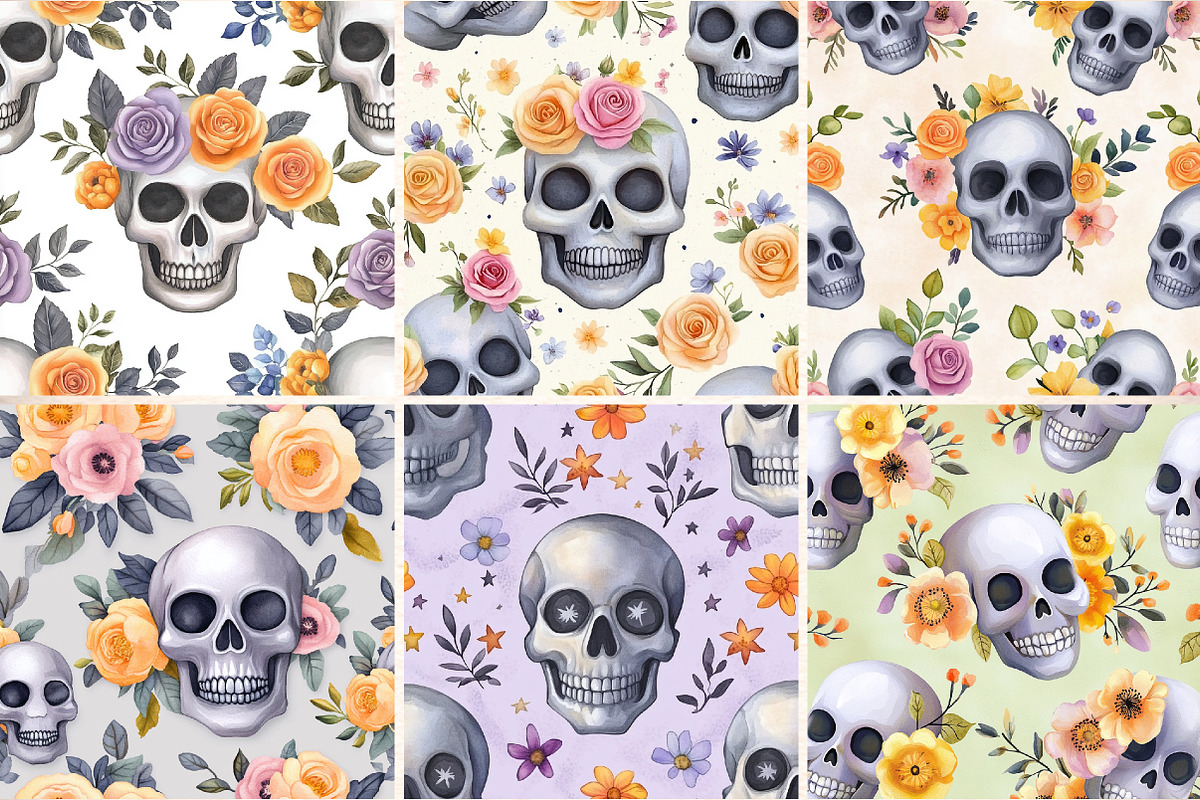 Floral Skull Digital Paper, a Pattern Graphic by Digital Artistic99 (Photo 2 of 7)
