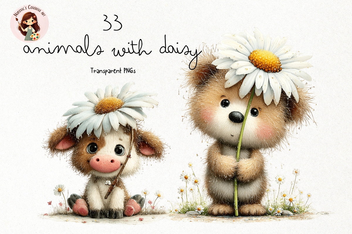 Animals with Daisy Watercolor PNG, an Animal Illustration by Nicolle's Colorful Art (Photo 1 of 3)