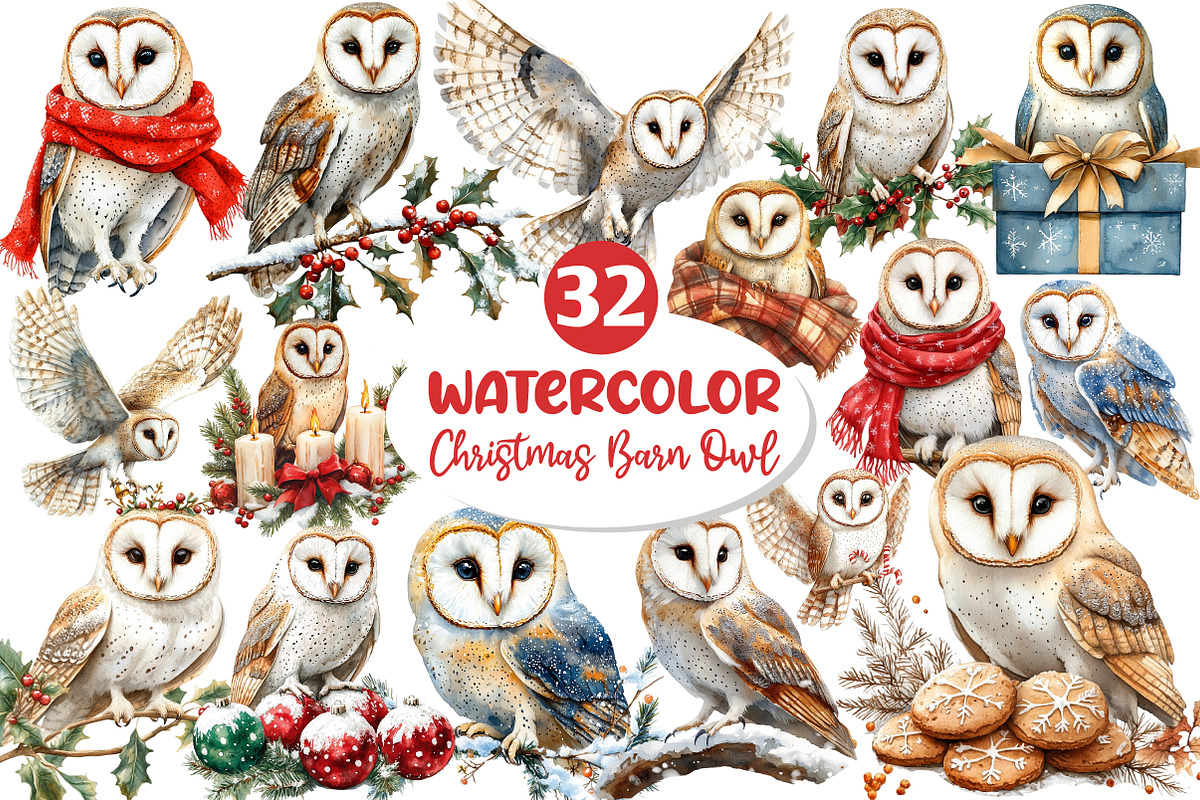 Christmas Barn Owl Clipart, an Illustration by Dream Creation (Photo 1 of 6)