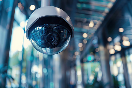 Modern public CCTV camera on wall on blurred building background, a Technology Photo by AlyaAnd