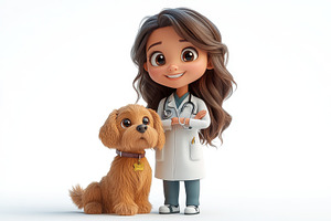 Cute cartoon veterinarian and fluffy, a Photo by Tanuart