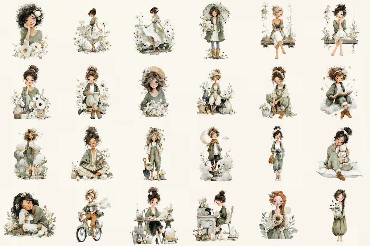 Whimsical Girls Clipart Set, an Illustration by DreamCafeArt (Photo 2 of 6)
