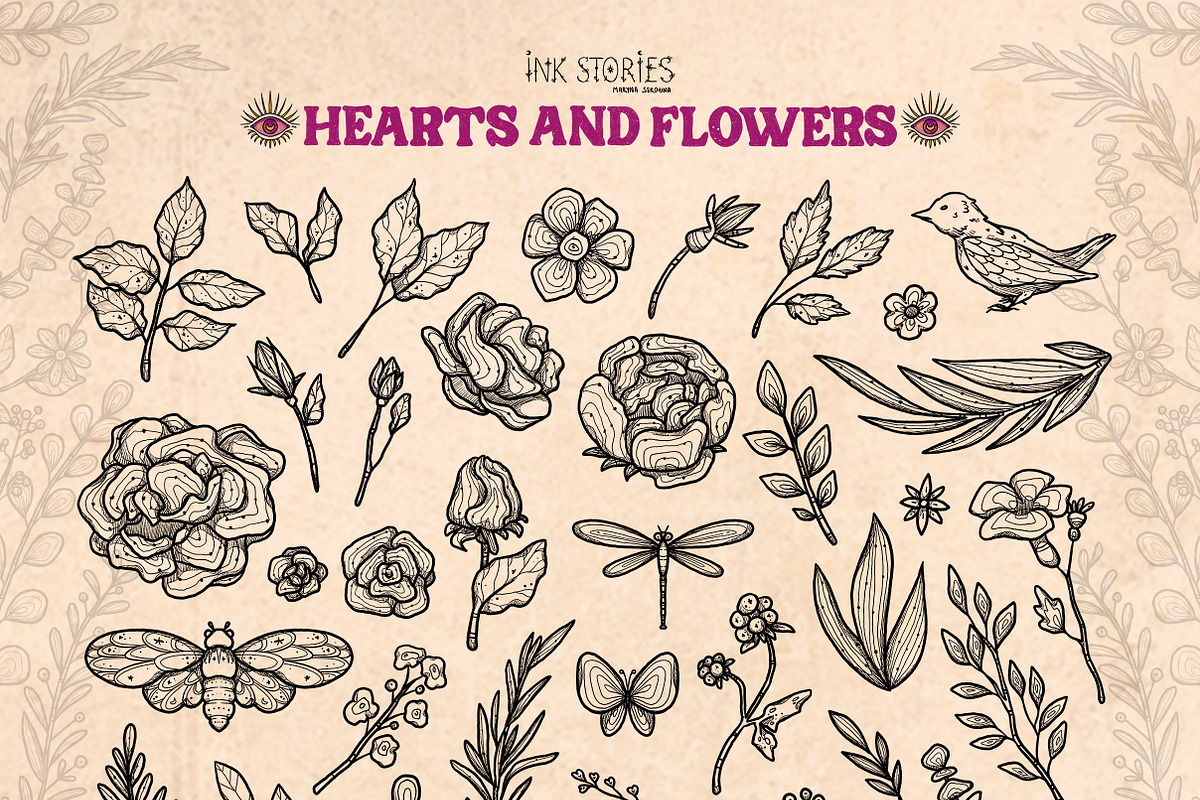 Hearts and Flowers Boho Vintage Set, a Decorative Illustration by Ink Stories (Photo 3 of 24)
