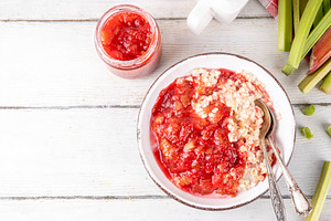 Sweet rhubarb oats in breakfast bowl, a Food & Drink Photo by Rimma