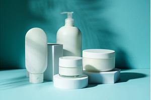 Cosmetic products at podium on blue, a Background Photo by Nadia-nb