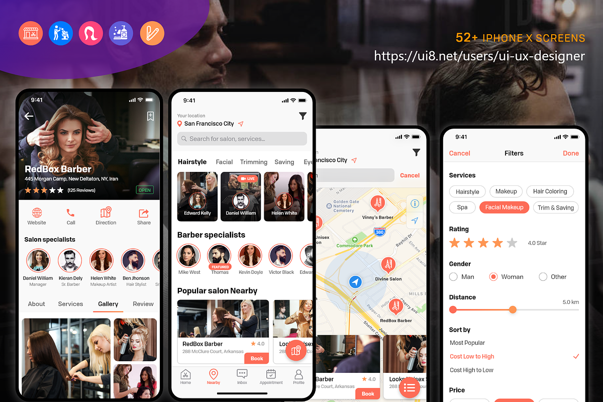 Barber Haircut, Salon & Beauty UI KI, an App Template by UX Design Master (Photo 5 of 14)