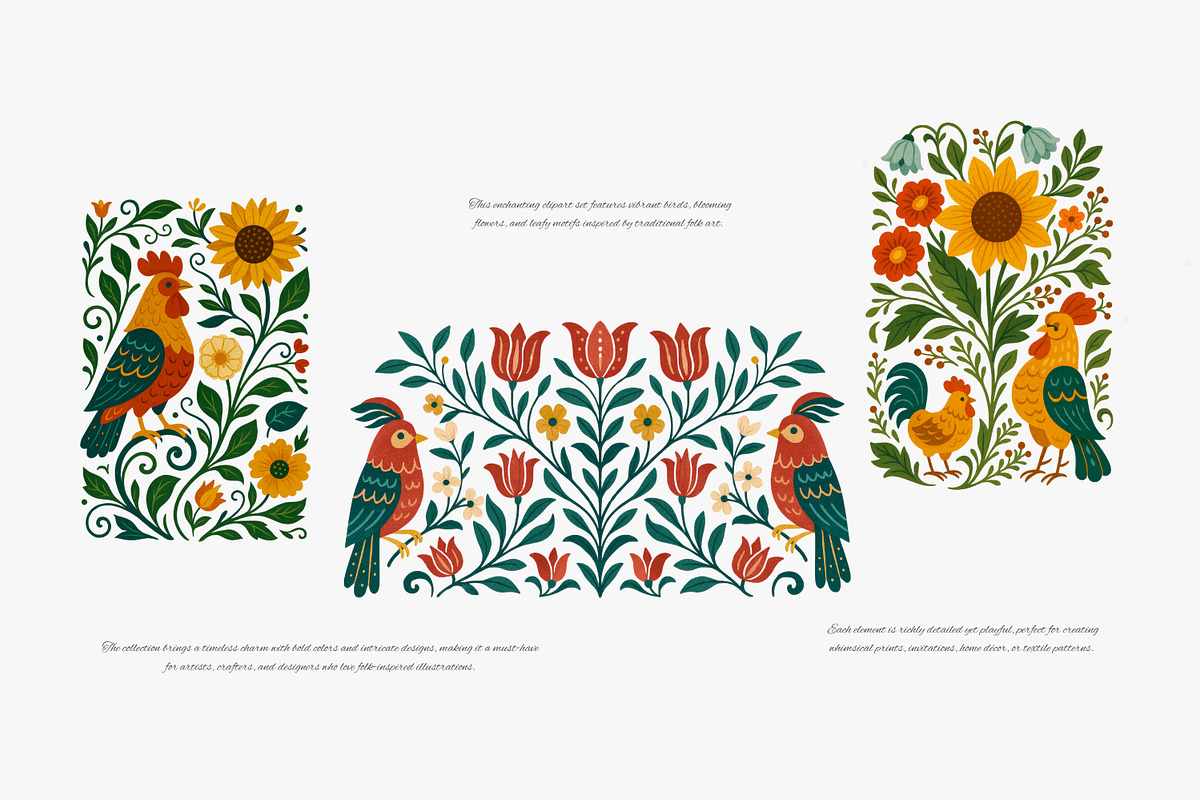folk bird and floral clipart set, a Decorative Illustration by Patishop Art