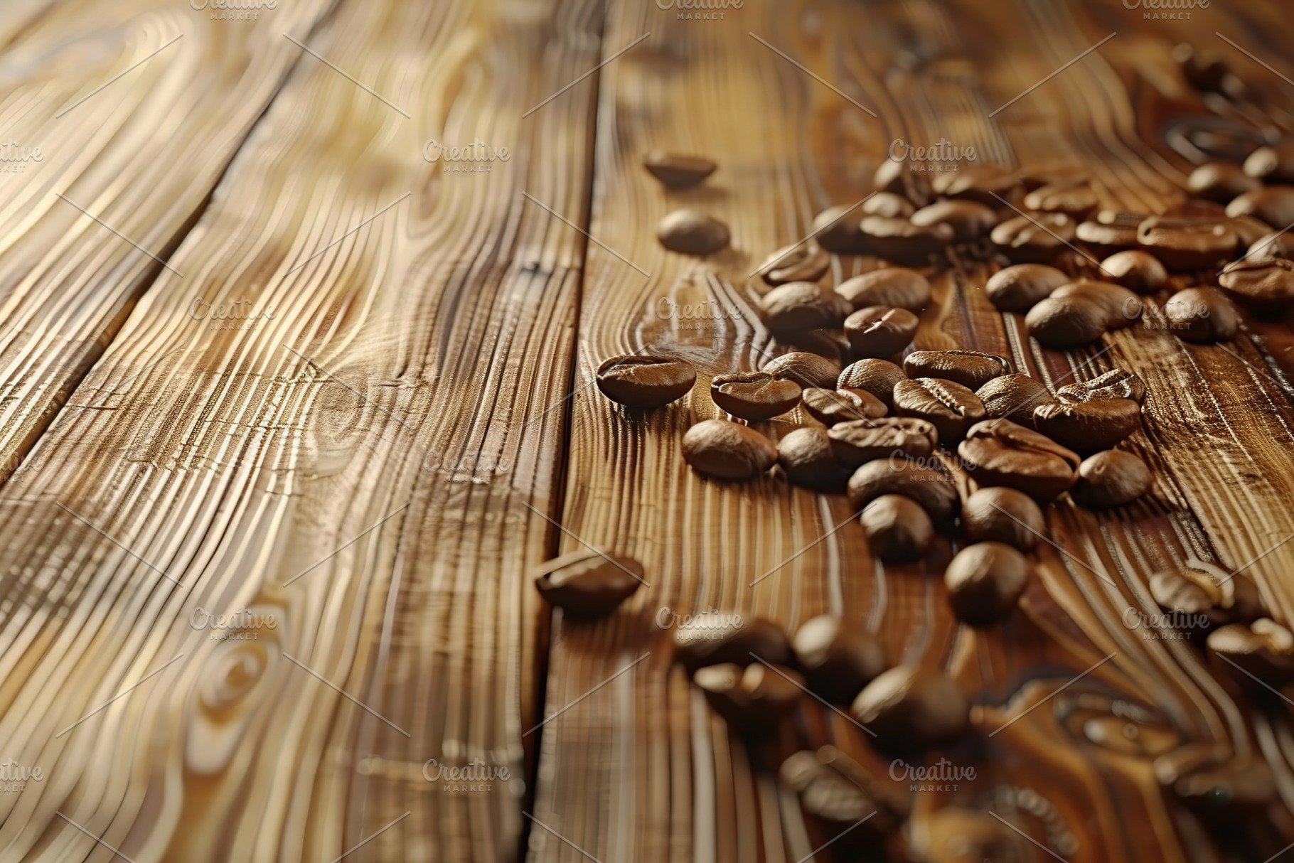 Heap of coffee beans on wooden table, a Food & Drink Photo by AlyaAnd