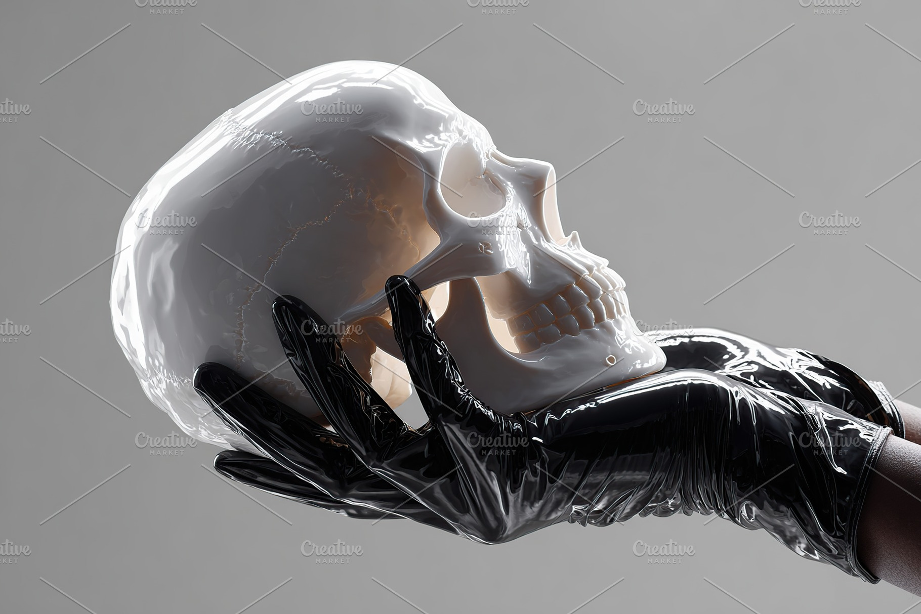 Holding a translucent skull model in black gloves on a gray background for educ, a Photo by AlyaAnd