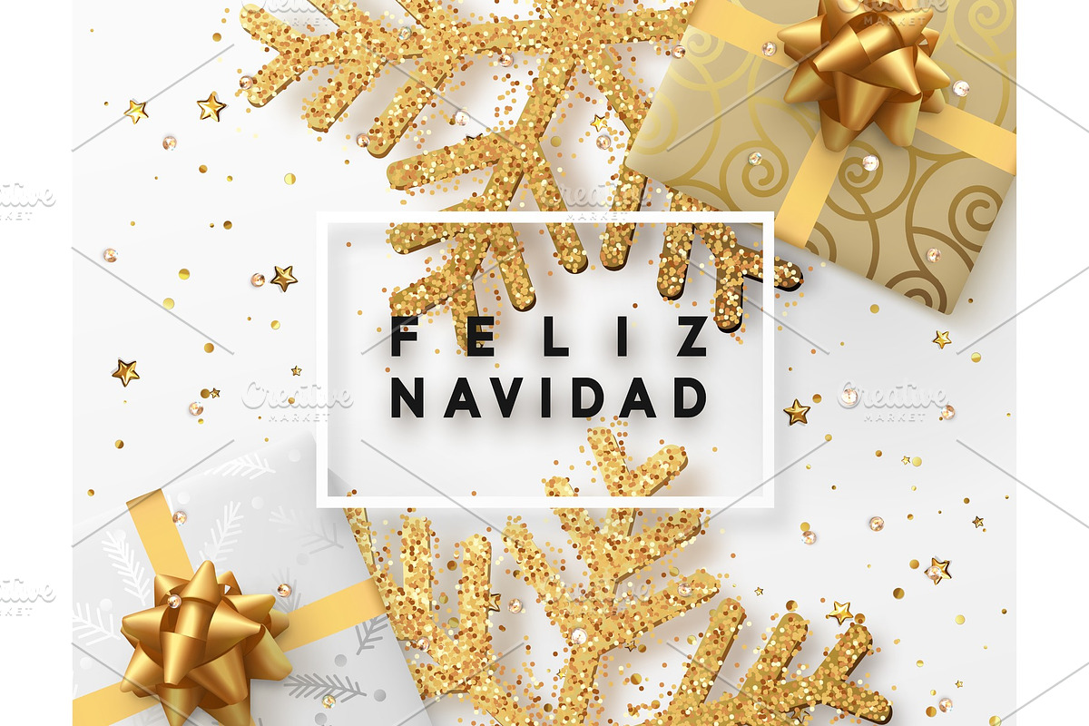 Spanish lettering Feliz Navidad. Christmas background with gifts box and shining golden snowflakes., an Object Graphic by Modern vector
