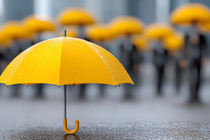 Yellow umbrella in focus with blurred crowd holding umbrellas in the background, a Photo by AS photostudio