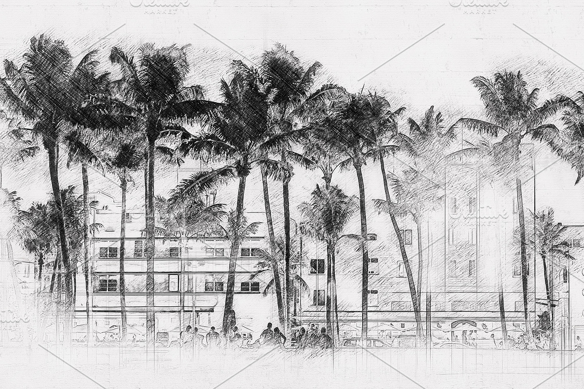 Miami Beach Ocean Drive hotels, an Object Illustration by Maria Kray
