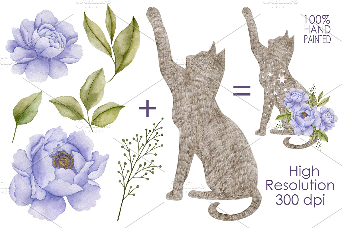 Watercolor Flowers & Cats collection, an Animal Illustration by Kira Konoshenko (Photo 3 of 20)
