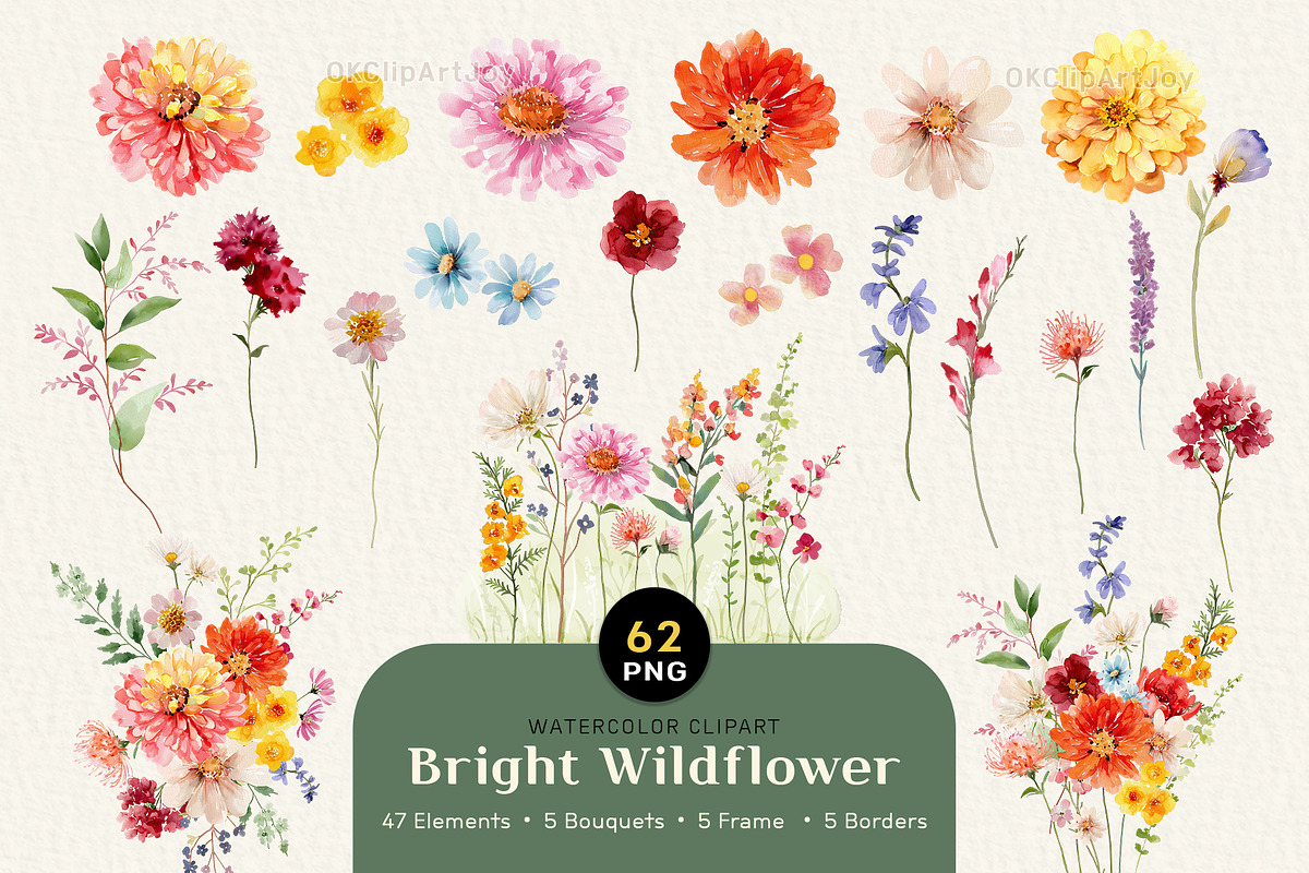 Watercolor Bright Wildflower Clipart, a Decorative Illustration by OKArtHub (Photo 1 of 9)