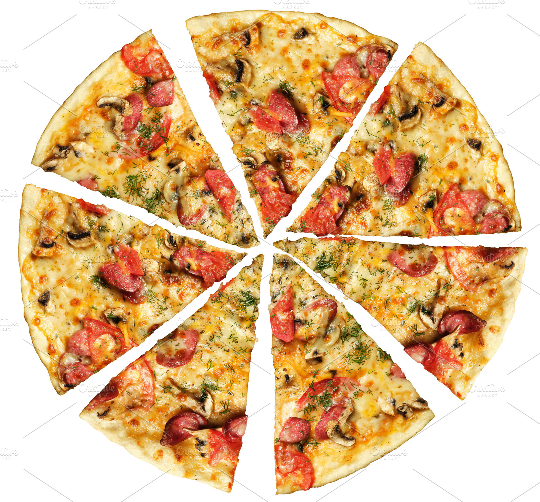 Round pizza cut into eight slices with mushroom, sausage and tom, a Food & Drink Photo by ndanko