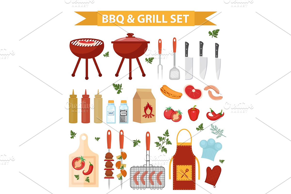 Barbecue and grill icons set, flat or cartoon style. BBQ collection of ...