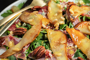 Salad with Pear, Arugula, Jamon, Blue Cheese and Blueberry, Delicious Fresh Sal, a Food & Drink Photo by Budarinphoto