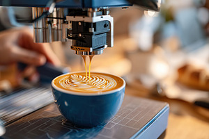 Creating intricate latte art design at a coffee shop during the morning rush ho, a Food & Drink Photo by AlyaAnd