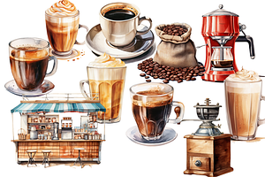 Watercolor Coffee Lover Clipart Set