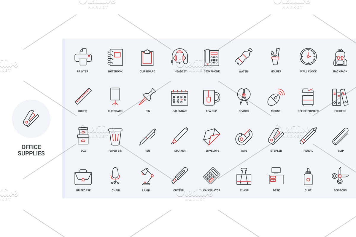 Office supplies stationery icons, an Object Illustration by Lemberg Vector