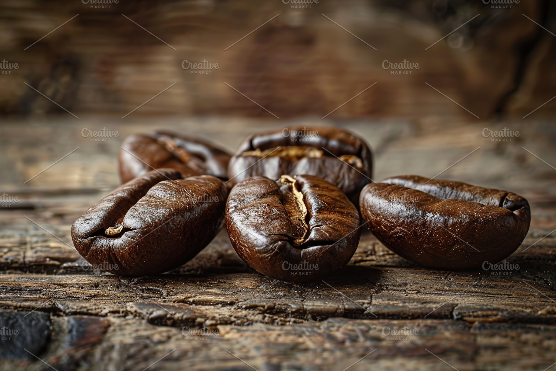 Coffee beans on wooden table, a Food & Drink Photo by AlyaAnd