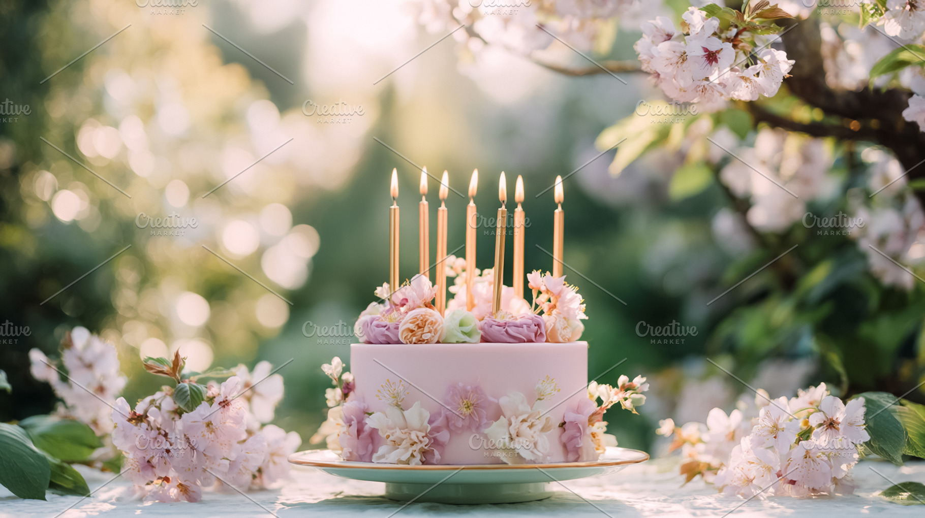 Pink birthday cake with burning candles decorated with cherry bl, a Photo by Studio ANNA