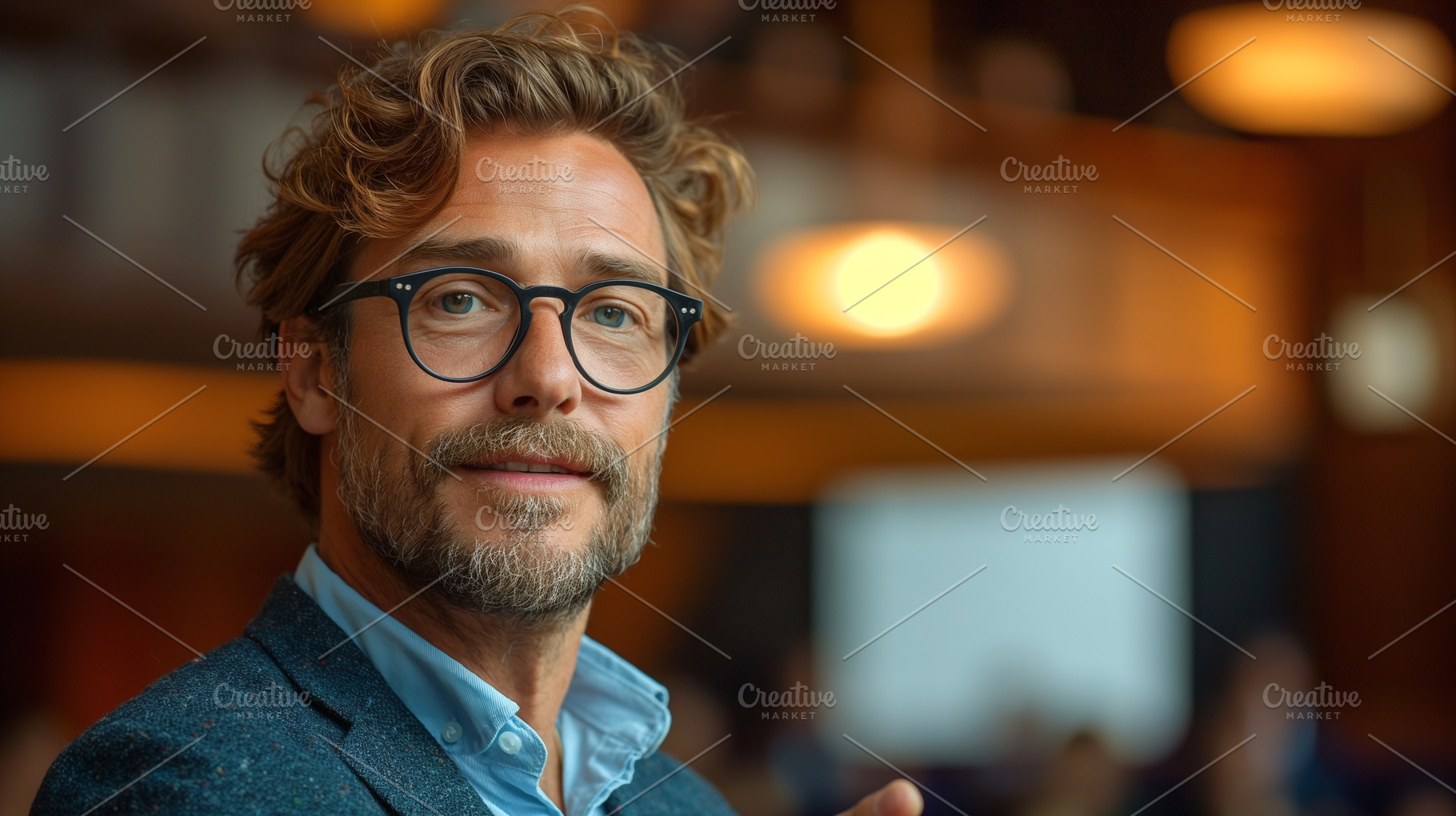 Confident Caucasian male with glasses, smiling warmly in a modern, softly lit c, a Person Photo by ImageMir