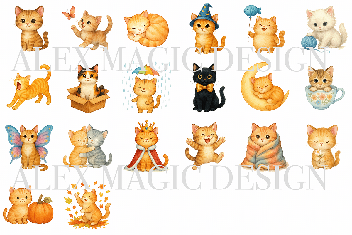 Cute Cat Clipart Set, a Decorative Illustration by Pati Charm Studio (Photo 2 of 8)