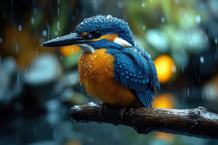 Kingfisher perched on a branch in th, a Photo by Tanuart