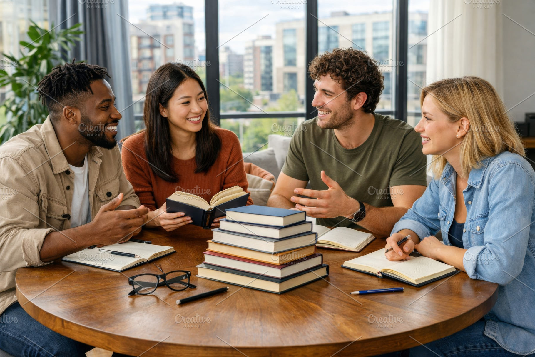 Reading club meeting with diverse group discussing literature, b, a Photo by Dvoevnore photos