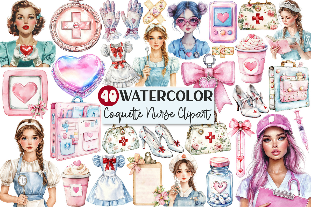 Watercolor Coquette Nurse Clipart, an Illustration by Rose Art (Photo 1 of 7)