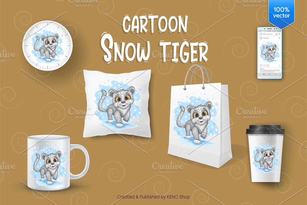 Cartoon Snow Tiger. Tshirt, PNG., an Animal Illustration by KENO Mascots (Photo 3 of 5)