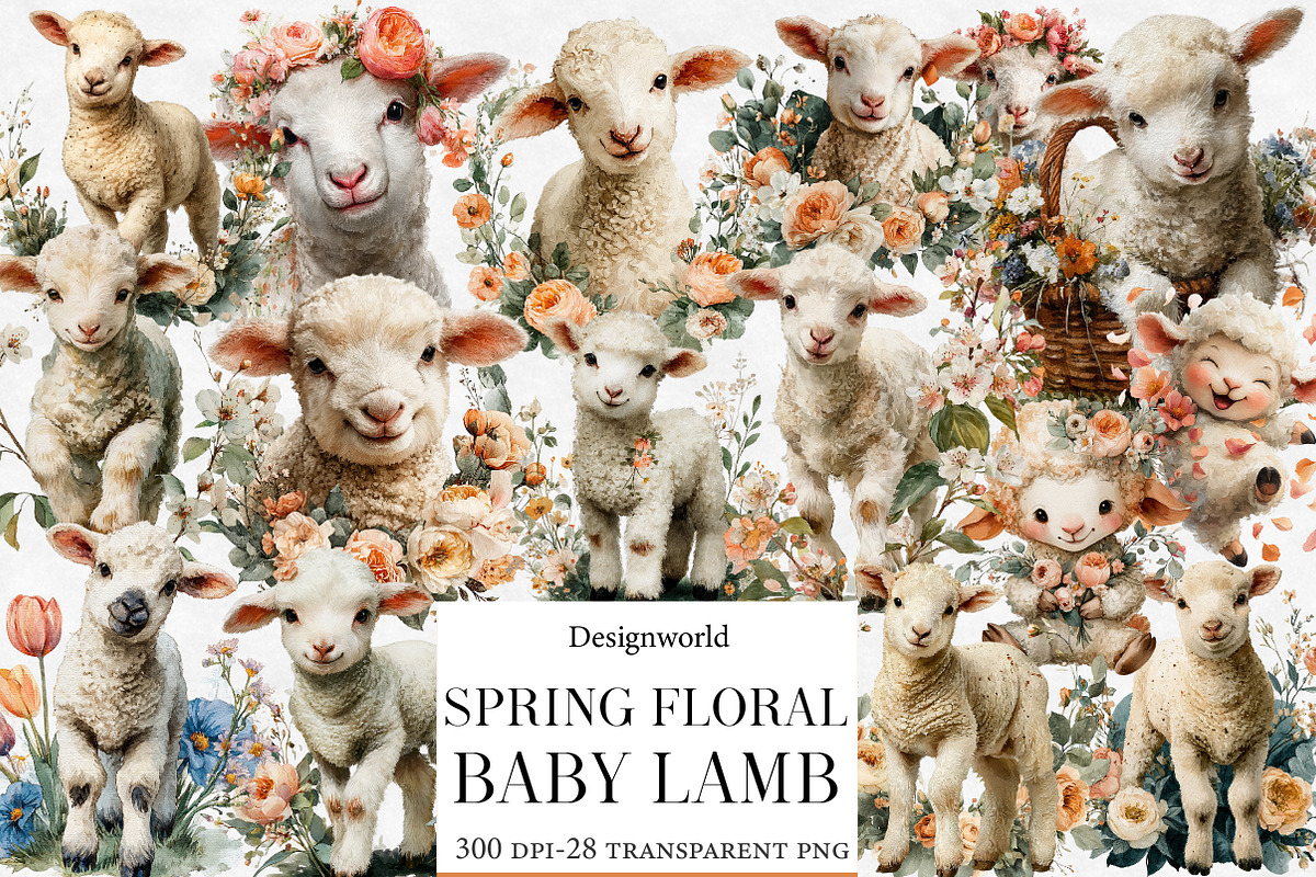 Watercolor Spring Floral Baby Lamb P, an Illustration by Designworld (Photo 1 of 5)