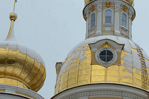 Golden domes of an ornate church against a gray sky, an Industrial Photo by Textures & Backgrounds
