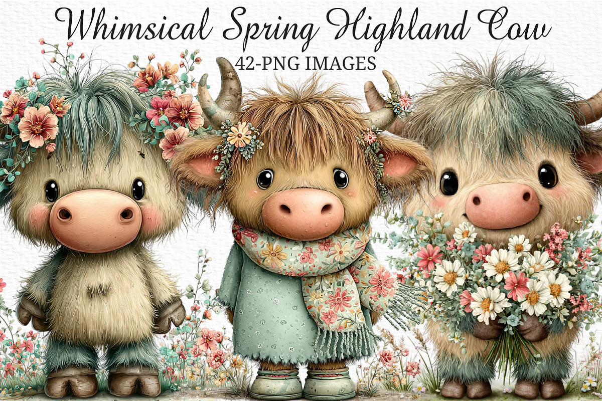 Whimsical Spring Highland Cow PNG, an Illustration by Craft Nest (Photo 1 of 11)