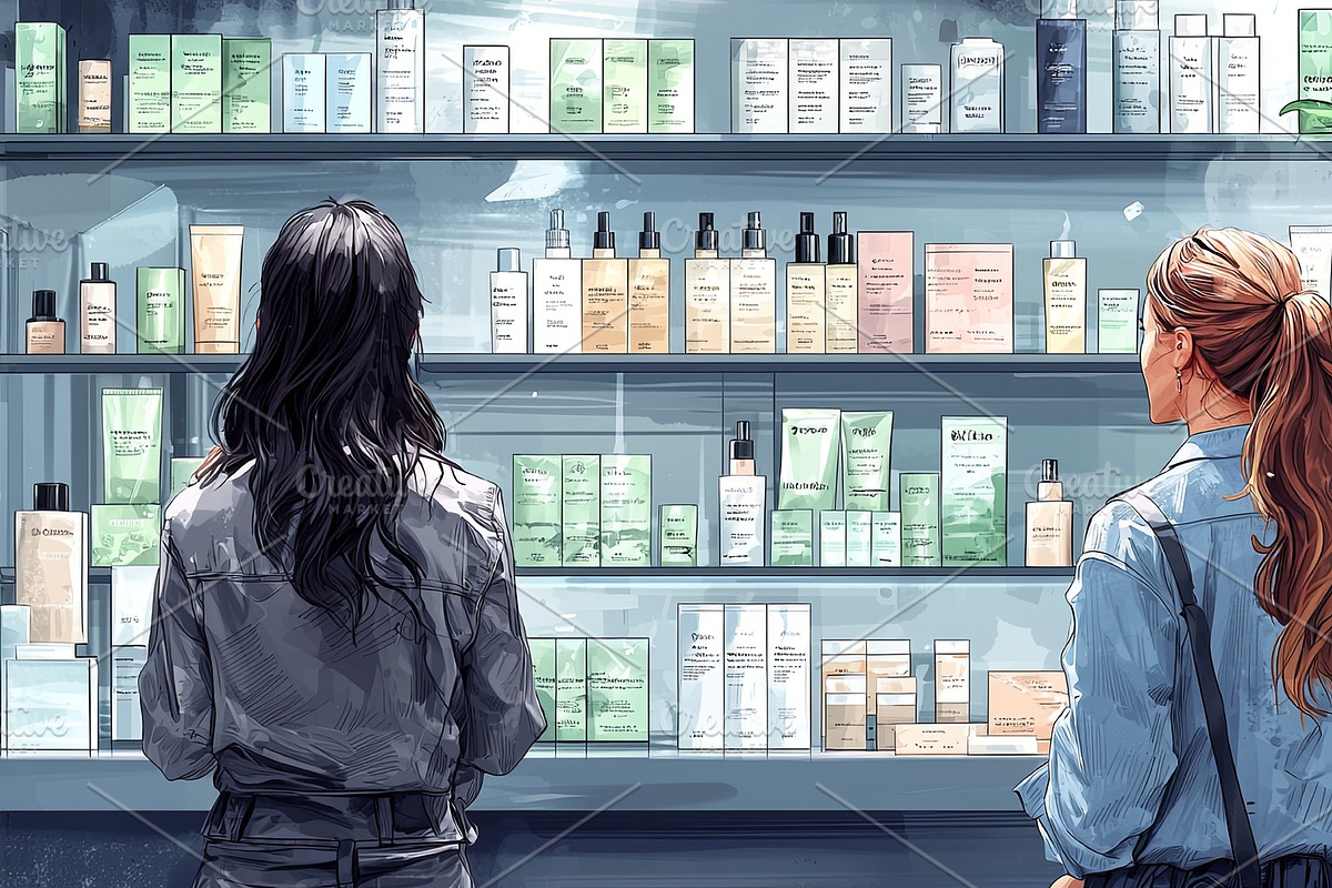Two individuals selecting skincare products from a store display with natural l, an Illustration by AS photostudio