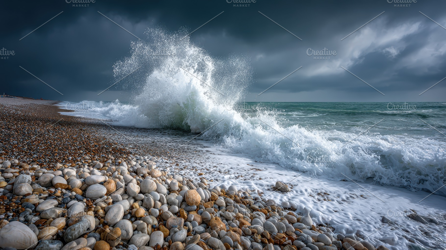 Dramatic Ocean Wave Crashing on Pebb, a Photo by Pixeness Studio