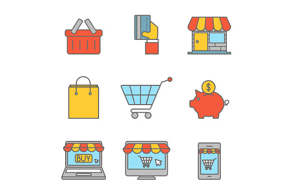 Online Shopping Outline Flat Icons
