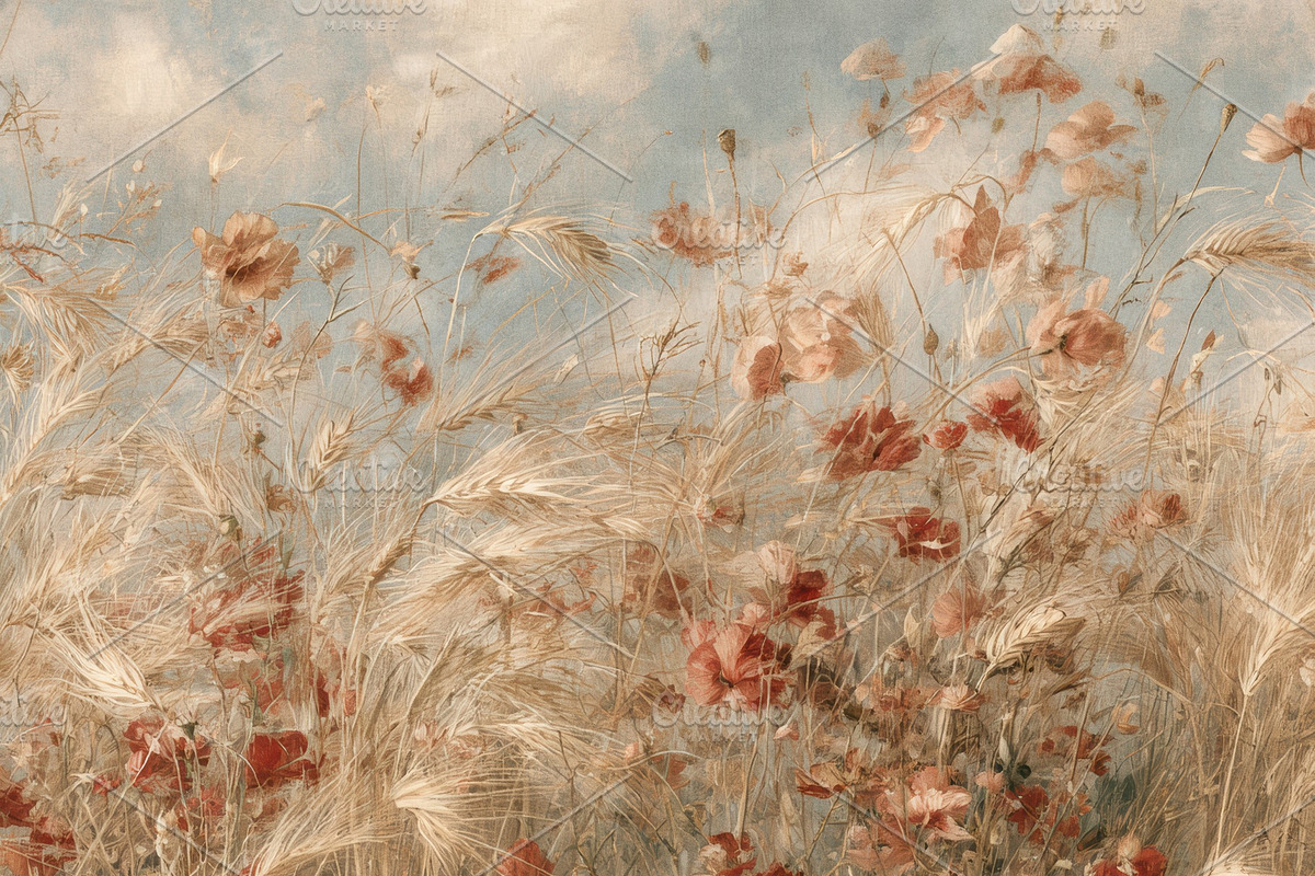 Poppy Wheat Field Wallpaper, a Decorative Illustration by Virgo Studio