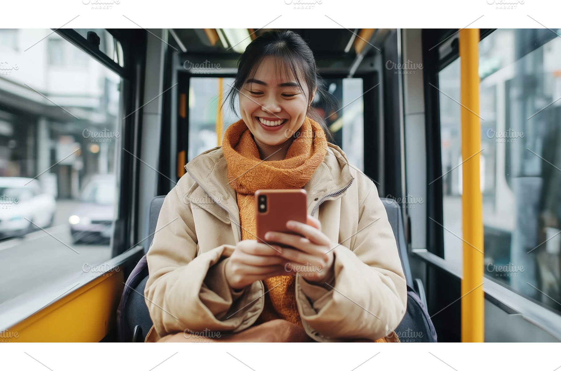 A young Asian woman is smiling while, a Technology Photo by Sergey Kotenev