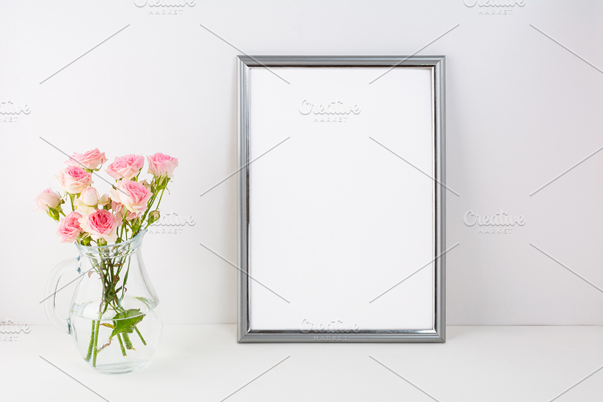 Silver frame mockup with pink roses, a Print Template by TasiPas