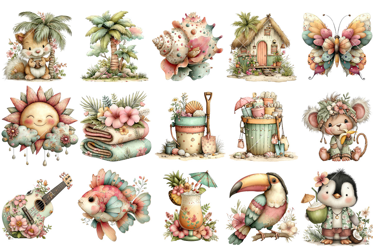 Whimsical Tropical Summer Clipart, an Illustration by OK Design (Photo 3 of 6)