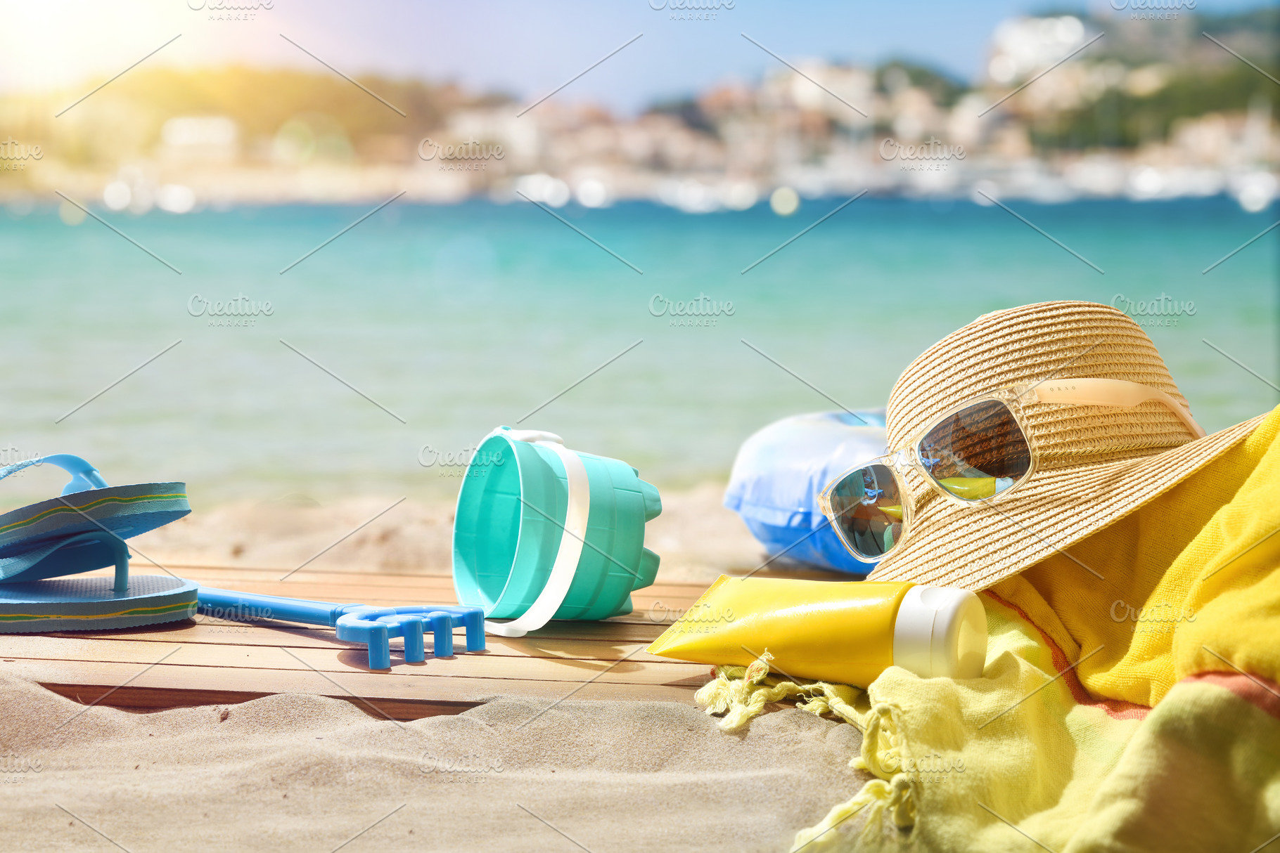 Summer Beach Essentials Near Turquoise Water, a Holiday Photo by Davizro's Market