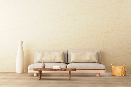 Warm neutral style interior mockup with low sofa, ceramic jug, side table on em, an Architecture Photo by RF Images