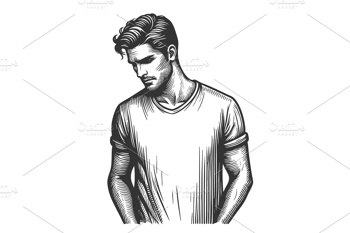 Sad Young Man engraving sketch, a Person Illustration by AlexArt