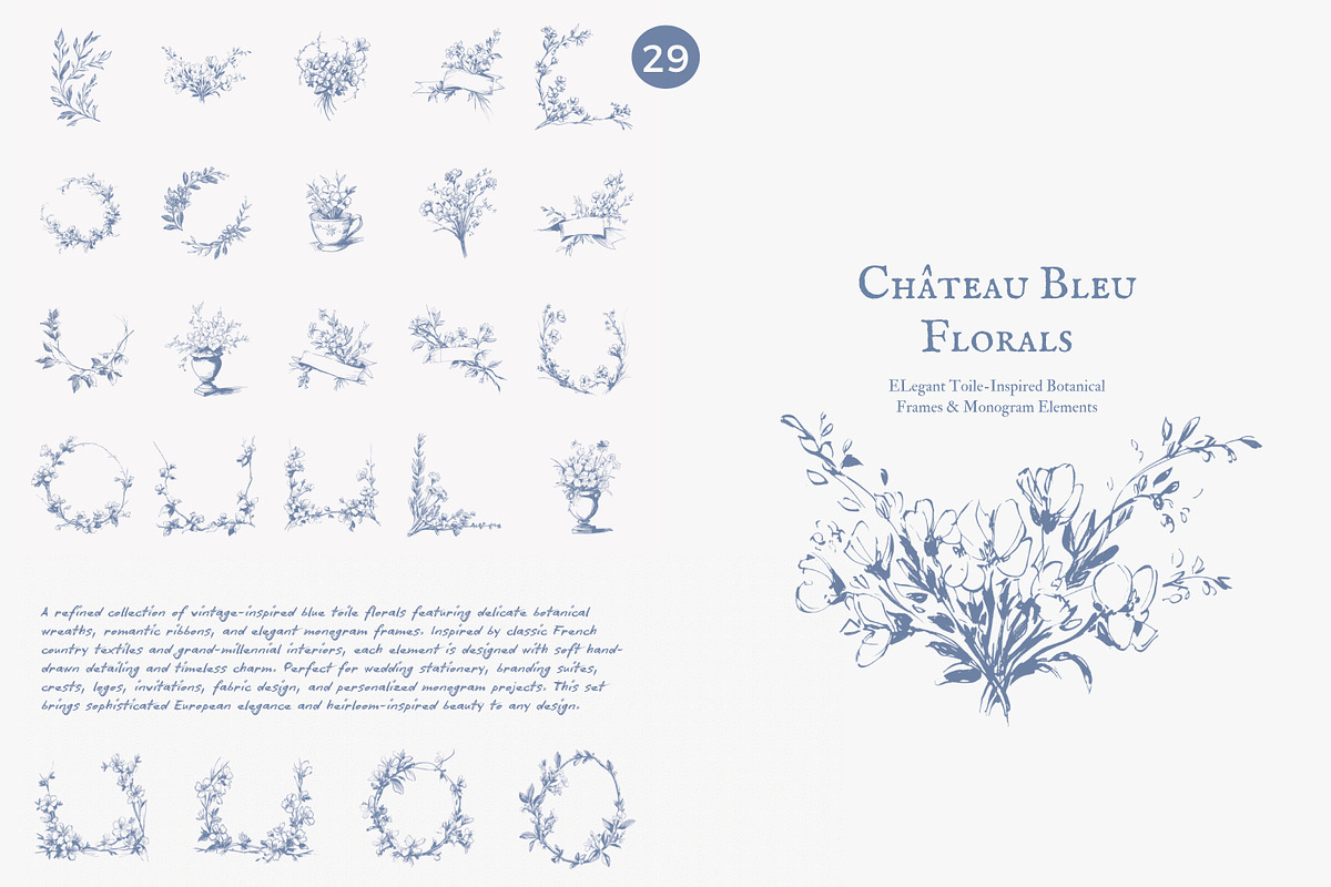 Blue toile floral monogram frames, a Decorative Illustration by Patishop Art (Photo 8 of 9)