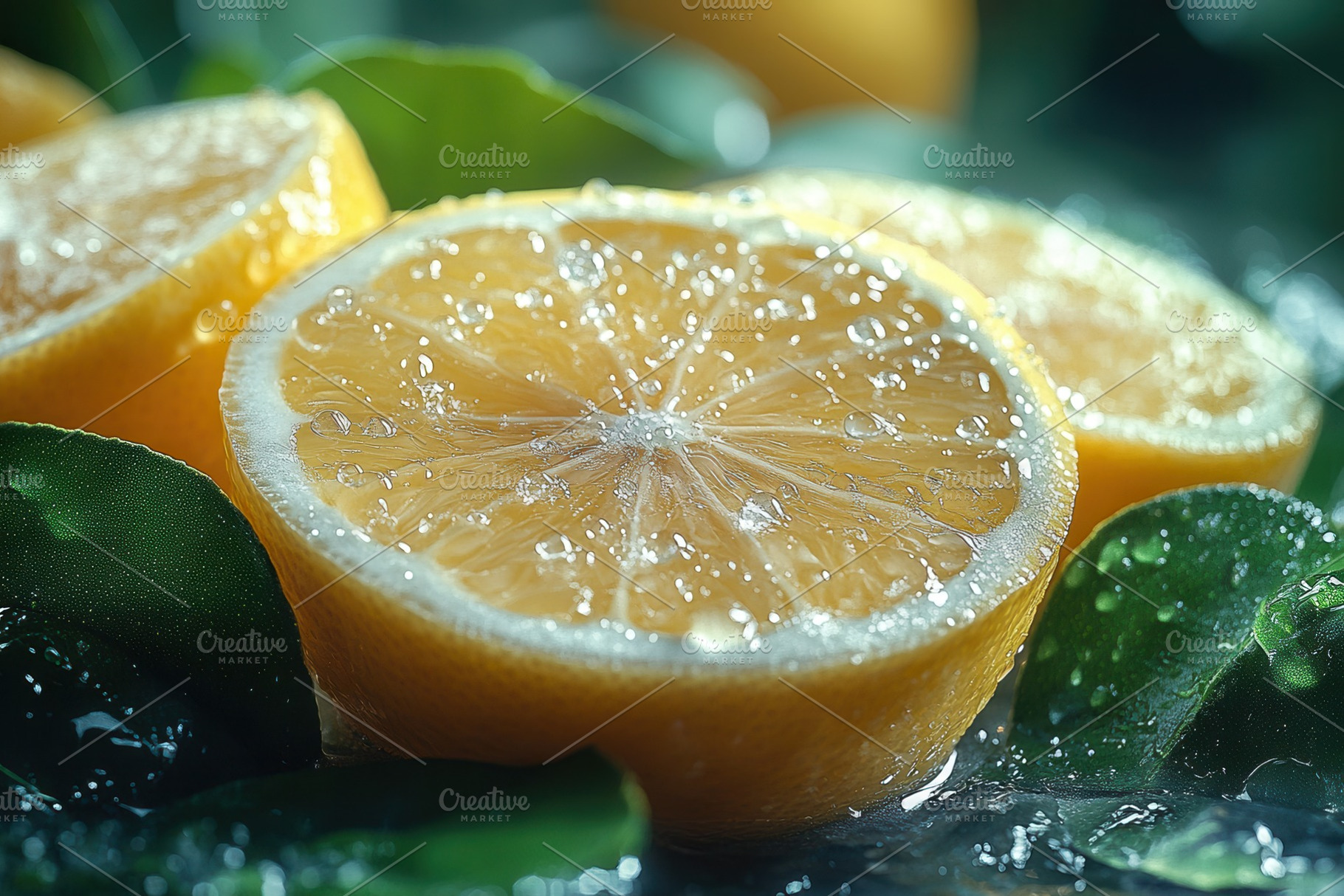 Slices of fresh lemon with droplets, a Photo by Tanuart