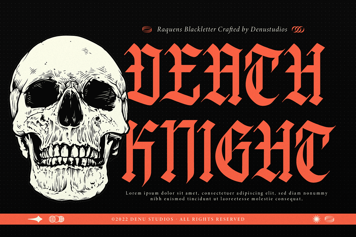 Raquens | Blackletter Display, a Blackletter Font by Denustudios (Photo 2 of 9)